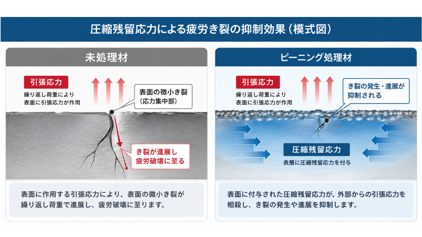 未処理材とピーニング処理材における圧縮残留応力と疲労き裂の発生・進展の比較模式図