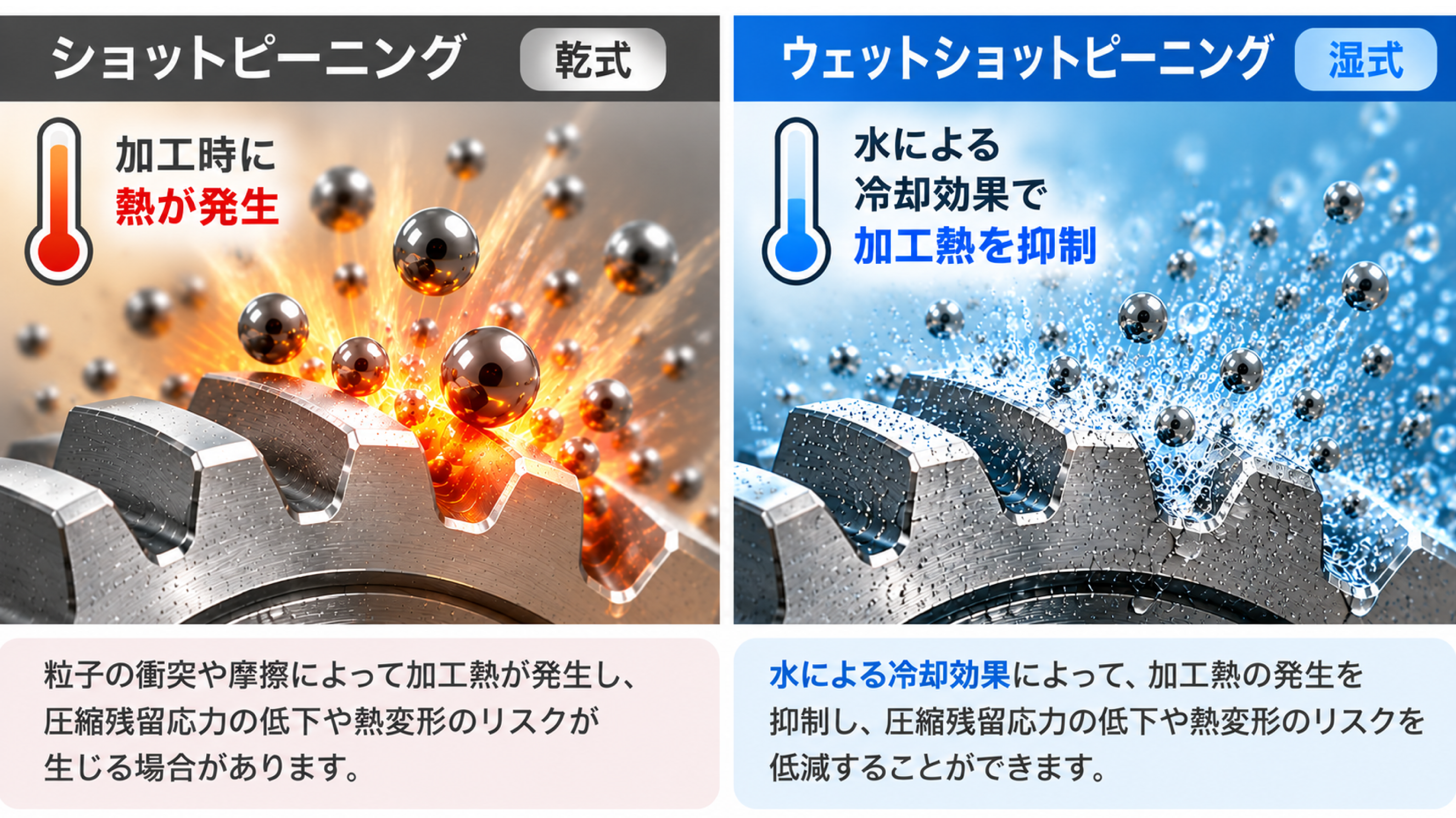 ショットピーニングとウェットショットピーニングの加工熱の違い