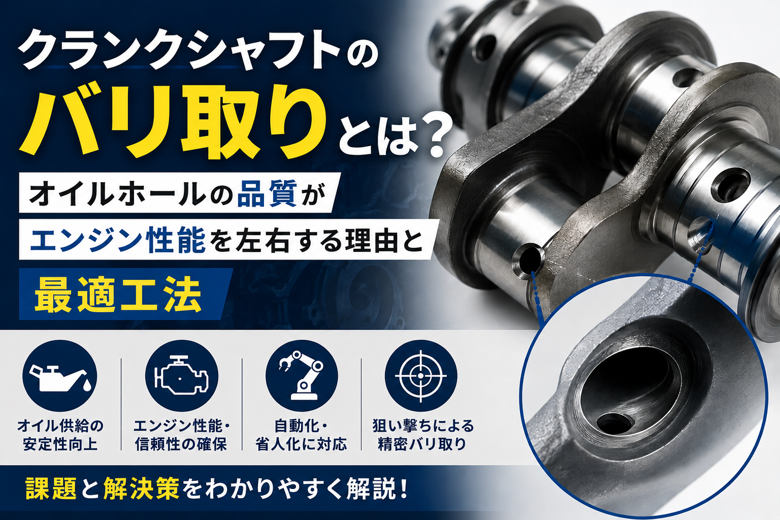 クランクシャフトのバリ取りとは?-オイルホールの品質がエンジン性能を左右する理由と最適工法-